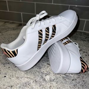 Adidas Grand Court Tennis Shoes, Black/White & Orange Zebra